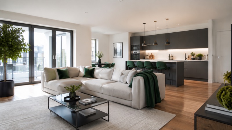 Bright modern apartment with an immaculate open-plan kitchen and living area
