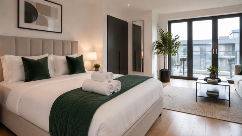 Guest-ready bedroom with fresh white linen, towels and green accents