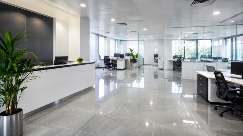 Bright open-plan office with polished floors and tidy workstations